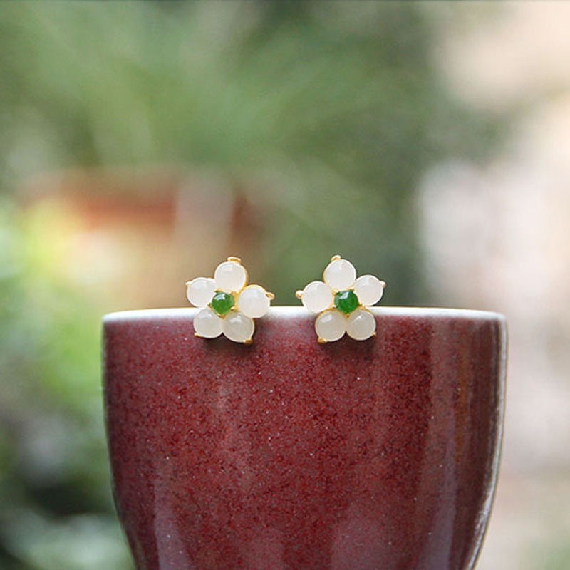 White Jade Flower Luck Blessing Stud Earrings