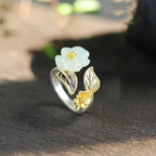 925 Silver Plated Copper White Jade Plum Flower Leaf Luck Ring