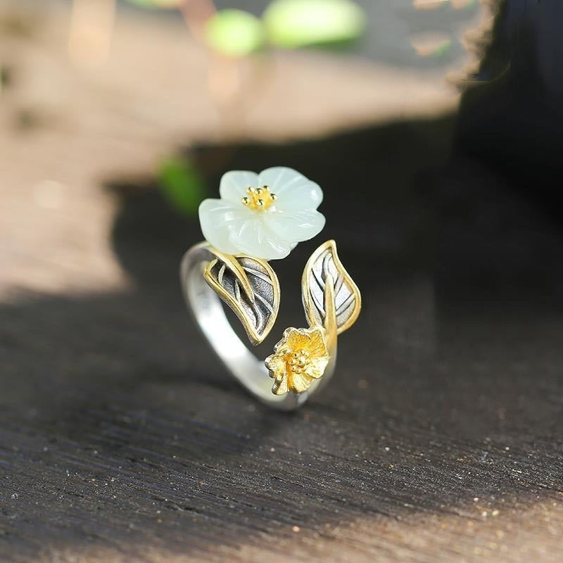 925 Silver Plated Copper White Jade Plum Flower Leaf Luck Ring