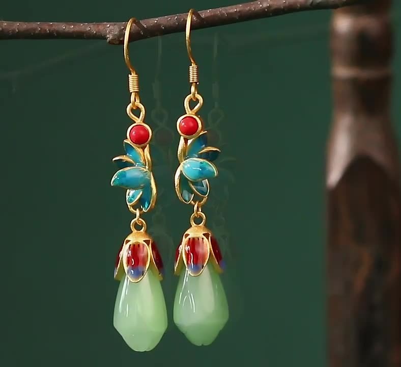 Magnolia Flower Jade Water Drop Prosperity Dangle Earrings
