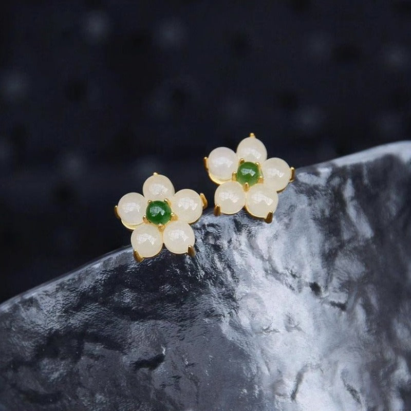 White Jade Flower Luck Blessing Stud Earrings