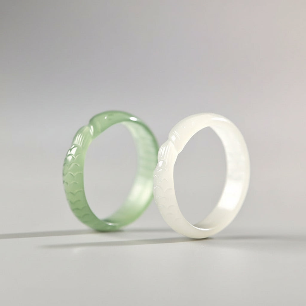 Hetian White Jade Cyan Jade Koi Fish Success Luck Ring