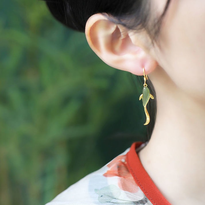 Fish Pattern Jade Luck Dangle Drop Earrings