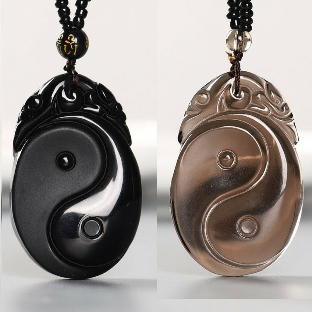 Black Obsidian Taoism Five Sacred Mountains Nine-Character Mantra Carved Purification Yin Yang Necklace Pendant