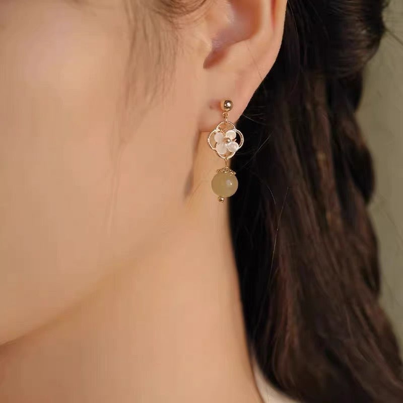 Tridacna Stone Flower Jade Bead Blessing Drop Earrings