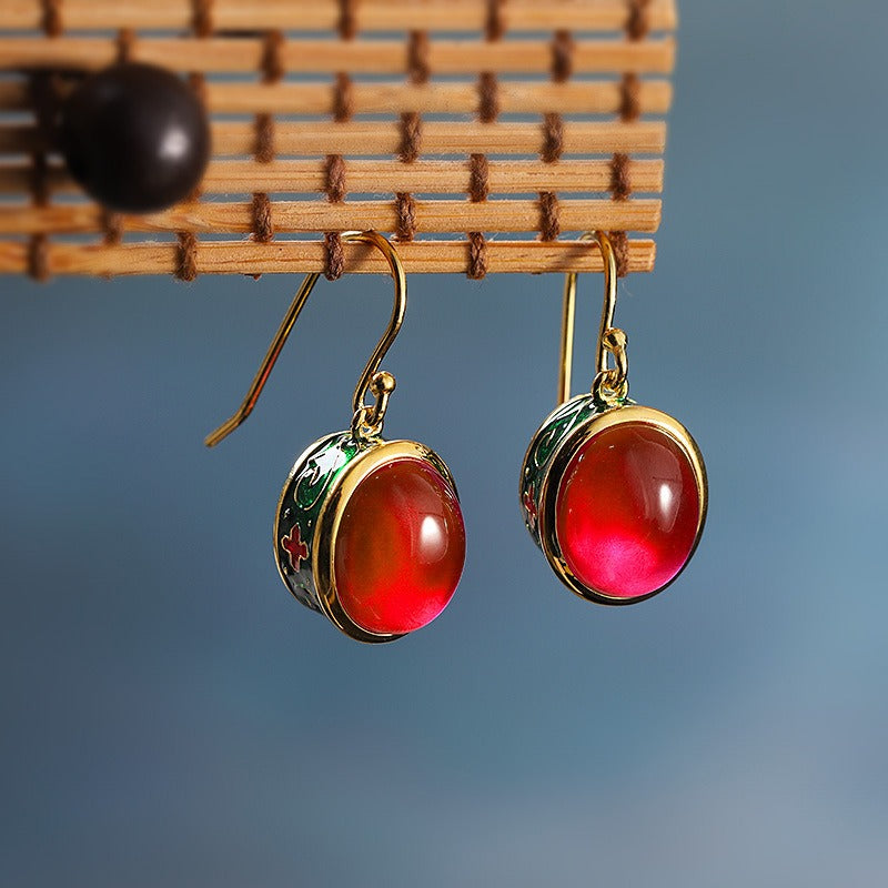 Round Red Corundum Confidence Hook Drop Dangle Earrings