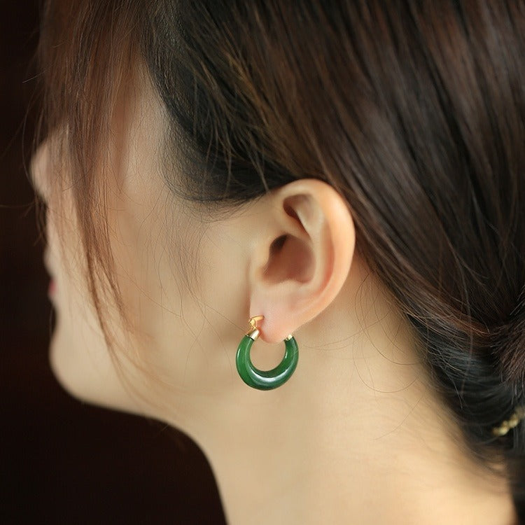 925 Sterling Silver Plated Gold Natural Round Hetian Cyan Jade Luck Drop Earrings