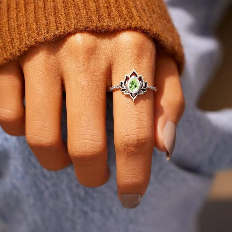 Sterling Silver Lotus Zircon Blessing Protection Ring