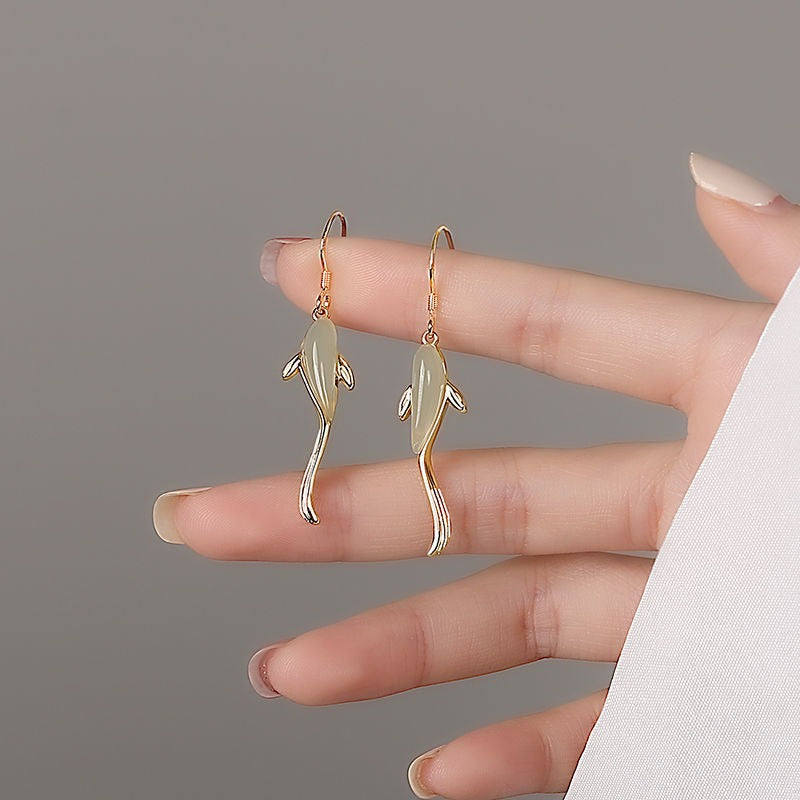 Fish Pattern Jade Luck Dangle Drop Earrings