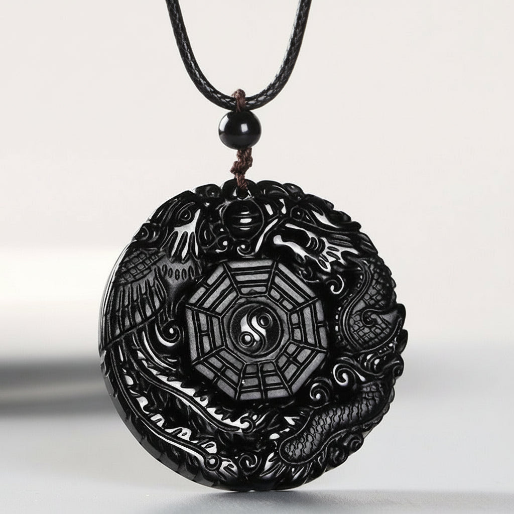 Black Obsidian Taoism Five Sacred Mountains Nine-Character Mantra Carved Purification Yin Yang Necklace Pendant