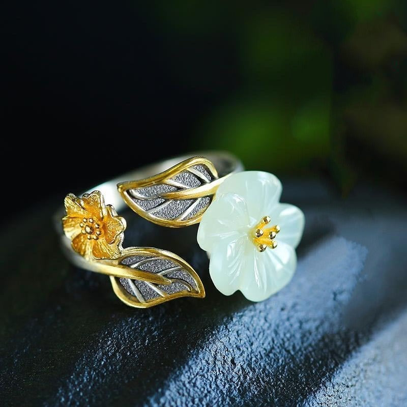 925 Silver Plated Copper White Jade Plum Flower Leaf Luck Ring