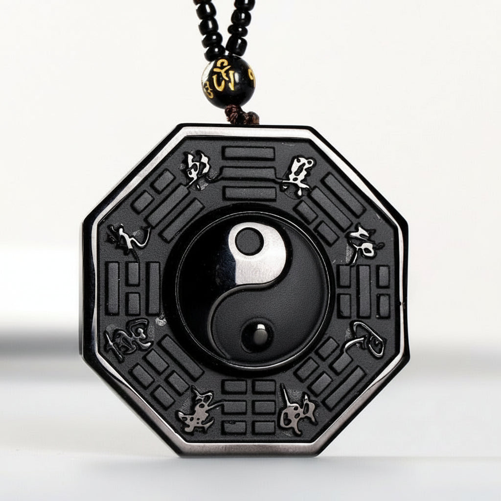 Black Obsidian Taoism Five Sacred Mountains Nine-Character Mantra Carved Purification Yin Yang Necklace Pendant