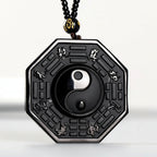 Black Obsidian Taoism Five Sacred Mountains Nine-Character Mantra Carved Purification Yin Yang Necklace Pendant