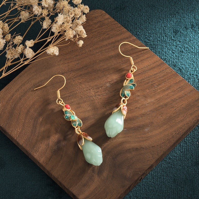 Magnolia Flower Jade Water Drop Prosperity Dangle Earrings