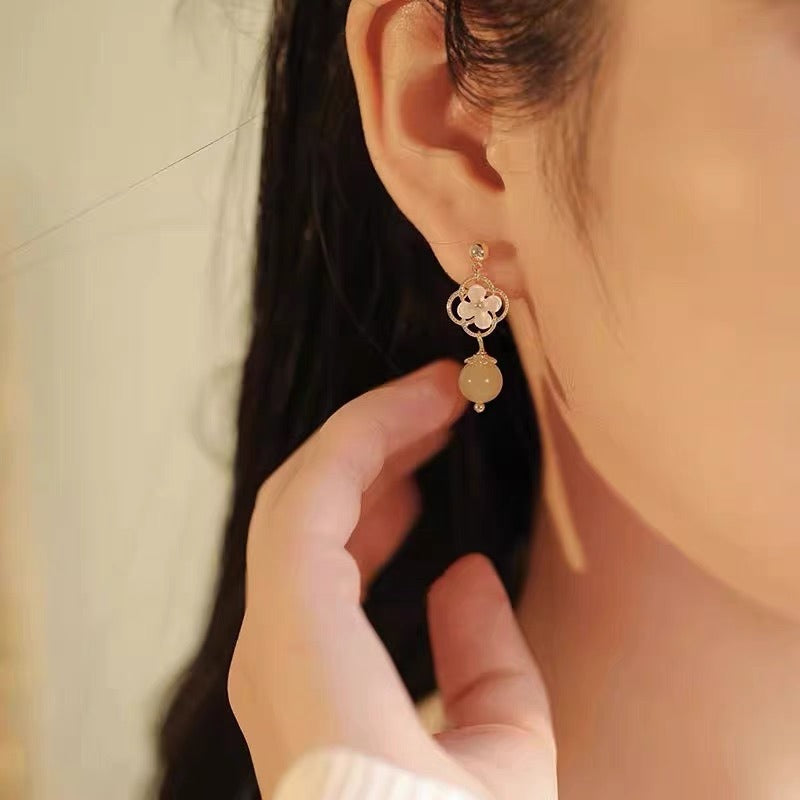 Tridacna Stone Flower Jade Bead Blessing Drop Earrings