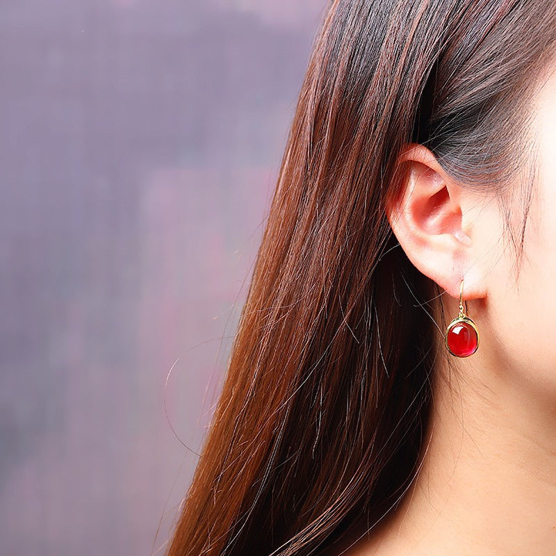 Round Red Corundum Confidence Hook Drop Dangle Earrings