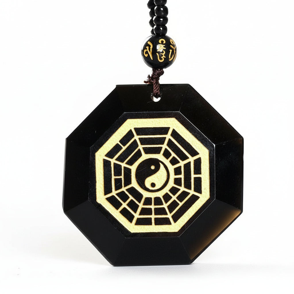 Black Obsidian Taoism Five Sacred Mountains Nine-Character Mantra Carved Purification Yin Yang Necklace Pendant