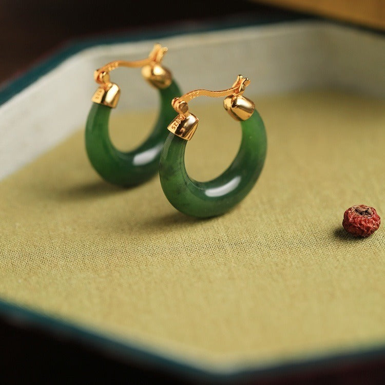 925 Sterling Silver Plated Gold Natural Round Hetian Cyan Jade Luck Drop Earrings