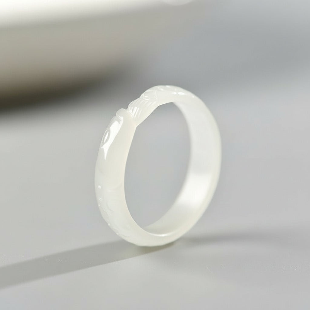 Hetian White Jade Cyan Jade Koi Fish Success Luck Ring