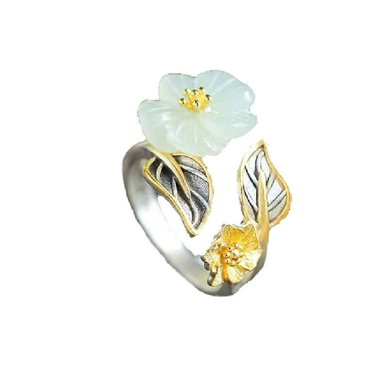 925 Silver Plated Copper White Jade Plum Flower Leaf Luck Ring