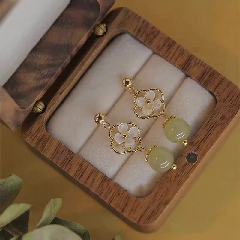 Tridacna Stone Flower Jade Bead Blessing Drop Earrings