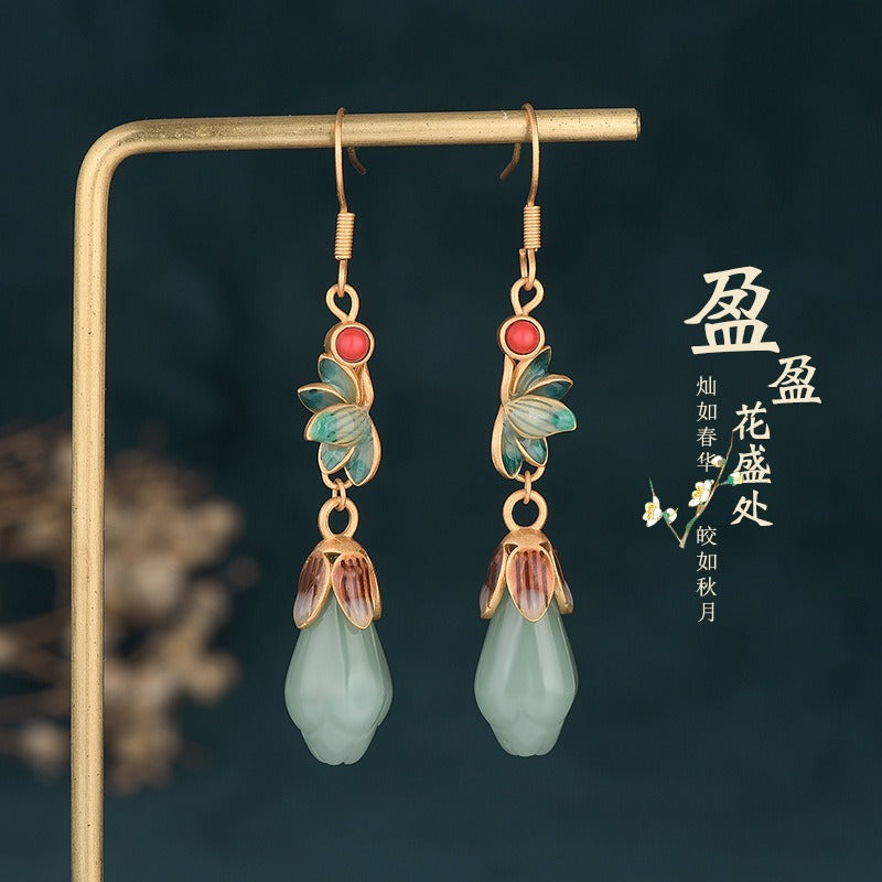 Magnolia Flower Jade Water Drop Prosperity Dangle Earrings