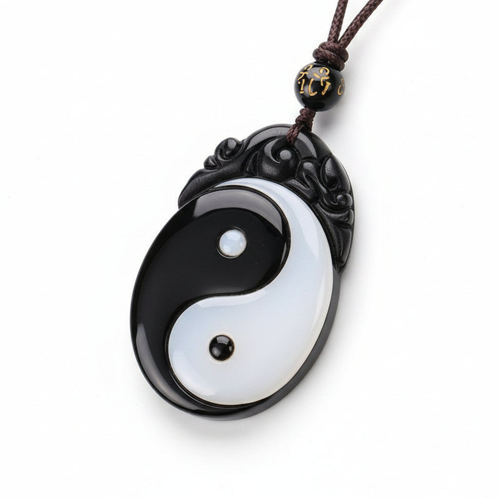 Black Obsidian Taoism Five Sacred Mountains Nine-Character Mantra Carved Purification Yin Yang Necklace Pendant