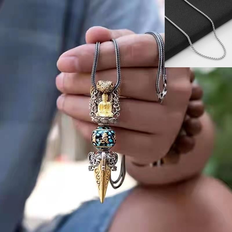 Tibetan Om Mani Padme Hum Buddha Wealth Rotation Necklace Vajra Pendant