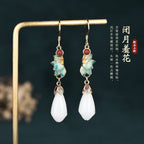 Magnolia Flower Jade Water Drop Prosperity Dangle Earrings
