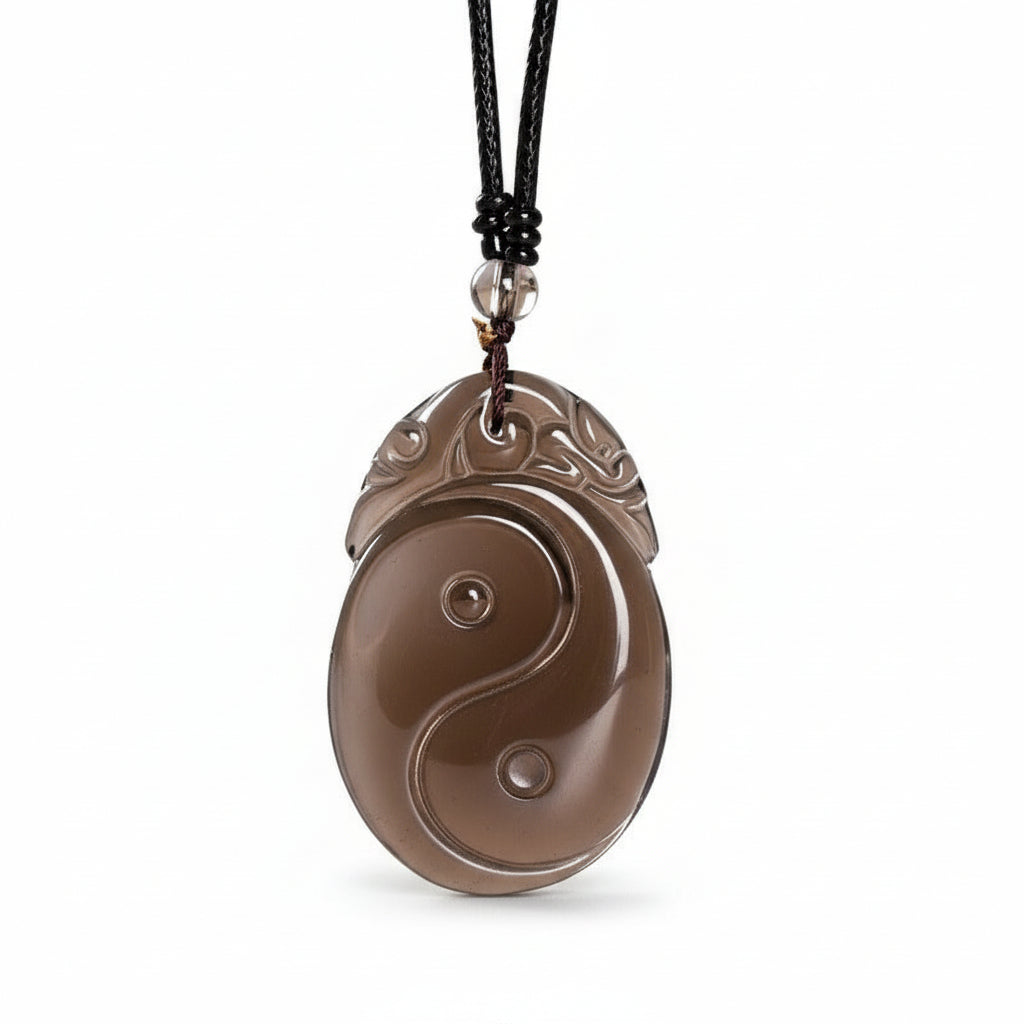 Black Obsidian Taoism Five Sacred Mountains Nine-Character Mantra Carved Purification Yin Yang Necklace Pendant