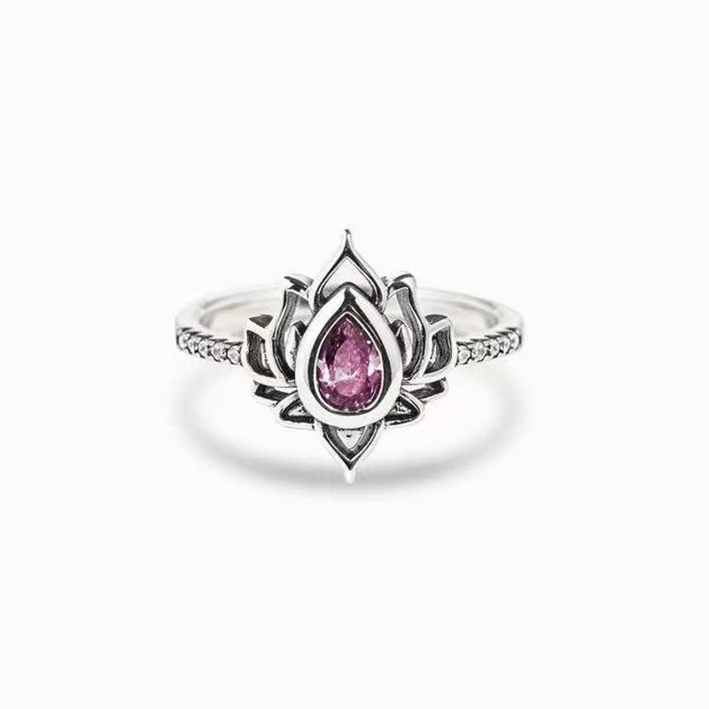 Sterling Silver Lotus Zircon Blessing Protection Ring
