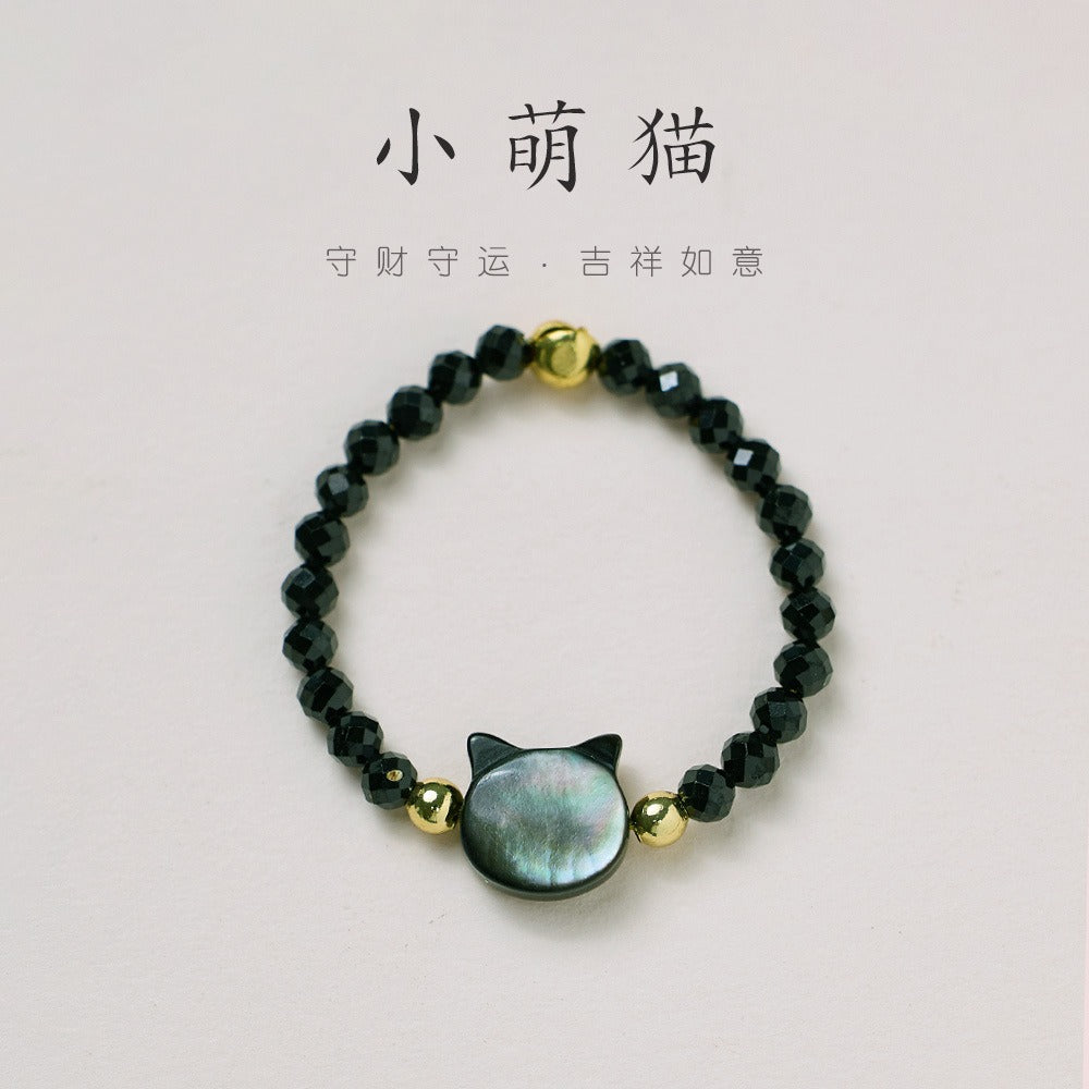 Natural Tridacna Stone Lovely Cat 14K Gold Plated Blessing Ring