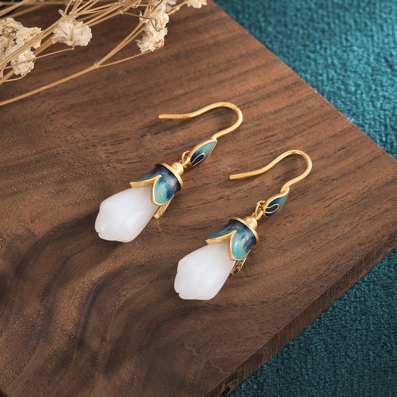 Magnolia Flower Jade Water Drop Prosperity Dangle Earrings