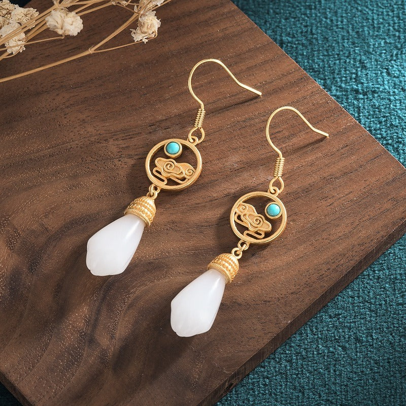 Magnolia Flower Jade Water Drop Prosperity Dangle Earrings