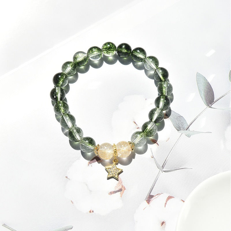 White Crackle Quartz, Green Phantom & Golden Rutilated Quartz “Emerald Forest” Star Bracelet