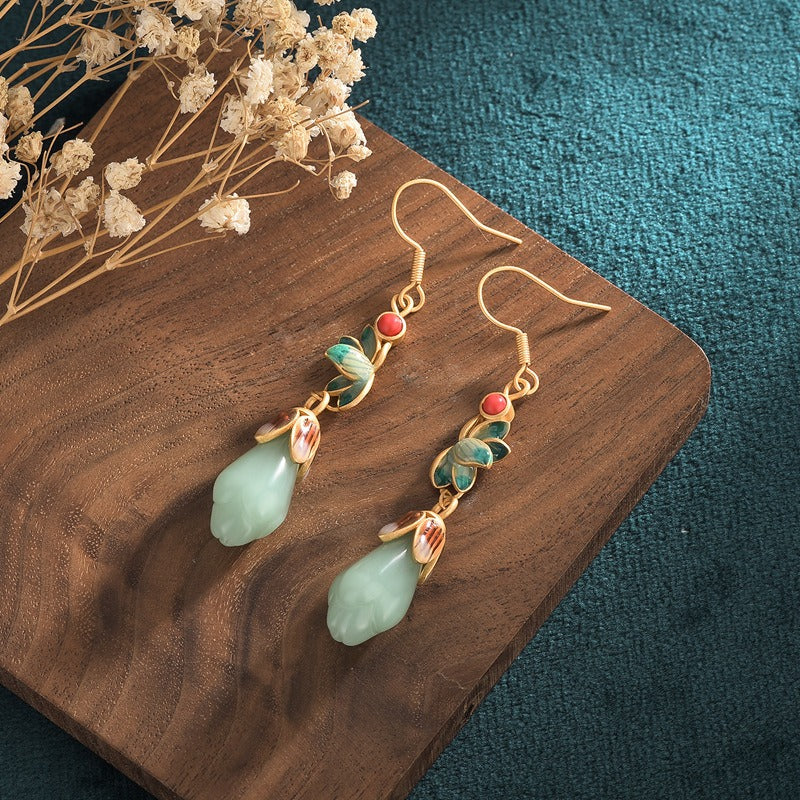 Magnolia Flower Jade Water Drop Prosperity Dangle Earrings