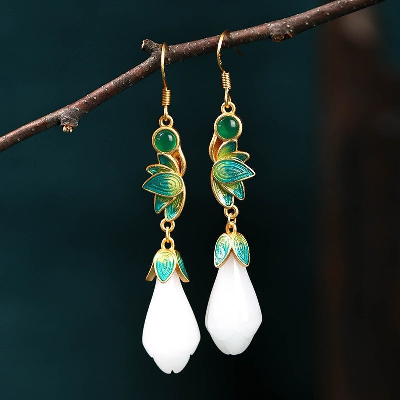 Magnolia Flower Jade Water Drop Prosperity Dangle Earrings
