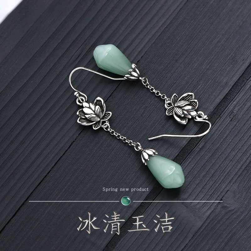 Magnolia Flower Jade Water Drop Prosperity Dangle Earrings