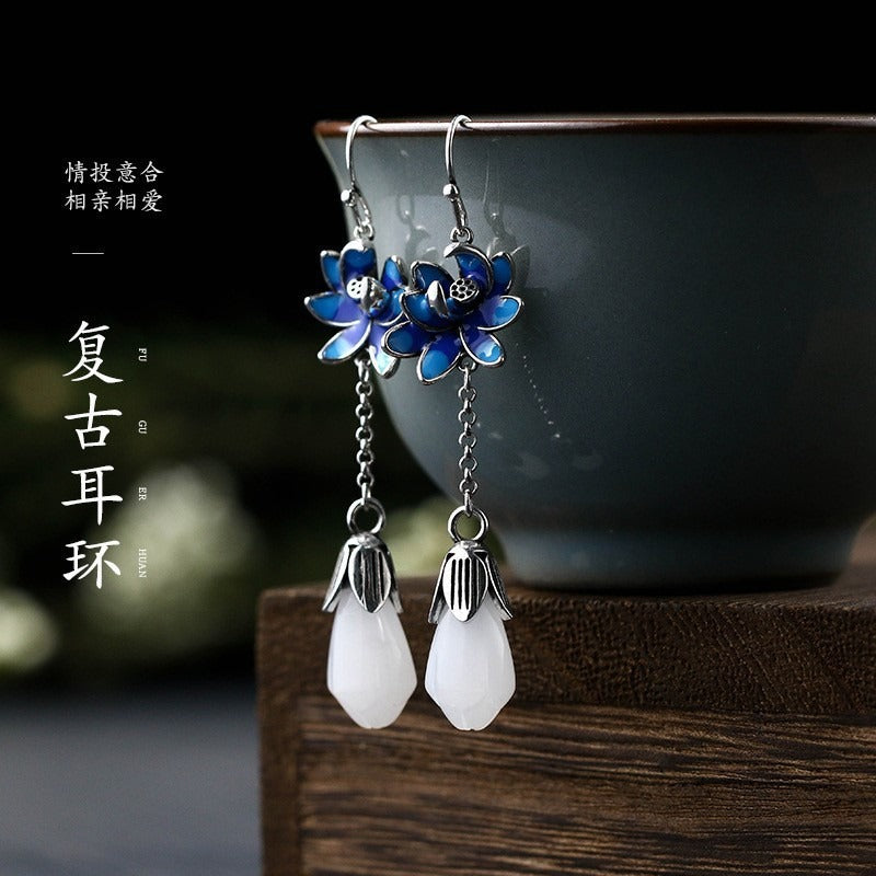 Magnolia Flower Jade Water Drop Prosperity Dangle Earrings