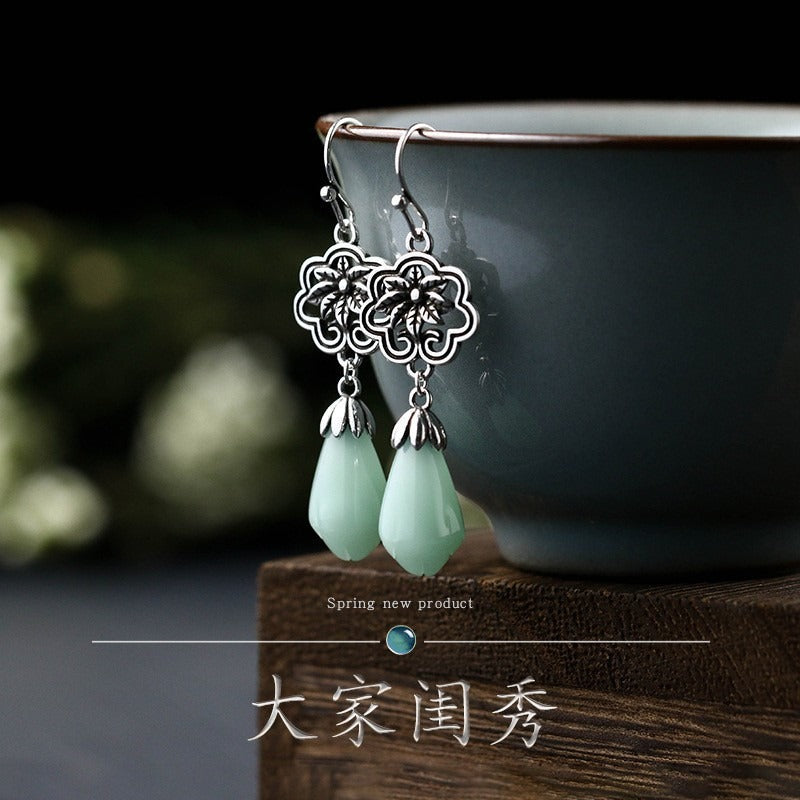 Magnolia Flower Jade Water Drop Prosperity Dangle Earrings