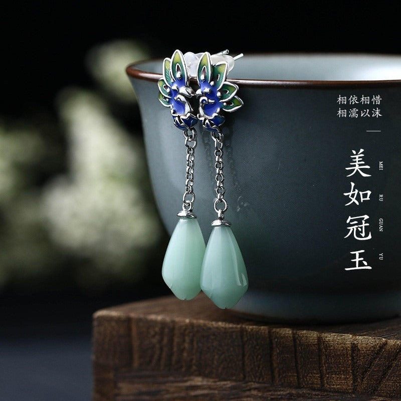 Magnolia Flower Jade Water Drop Prosperity Dangle Earrings