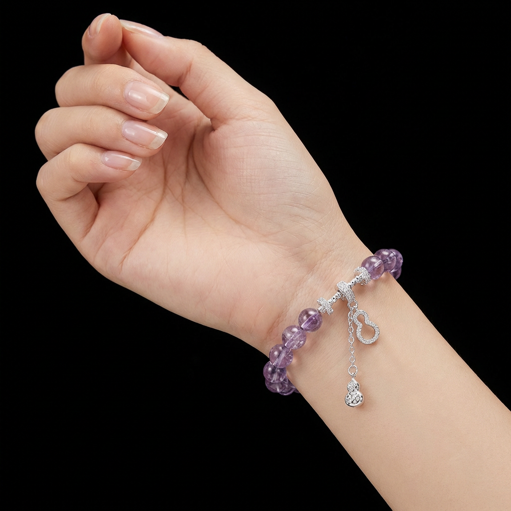 Bolivian Amethyst Fu-Lu Gourd Luck Blessings Protection Beaded Bracelet