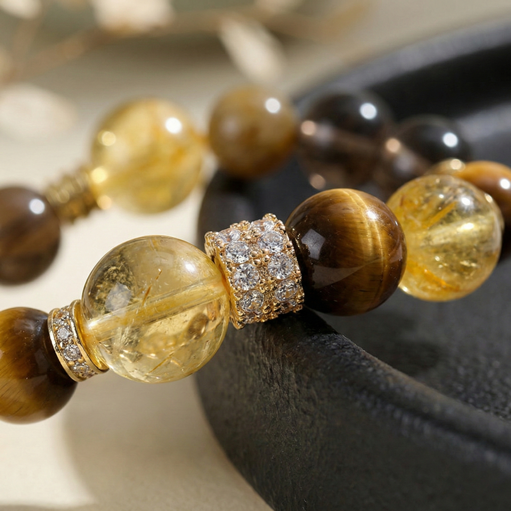 Yellow Tower Crystal Smoky Quartz Tiger Eye Luck Protection Purpose Beaded Bracelet