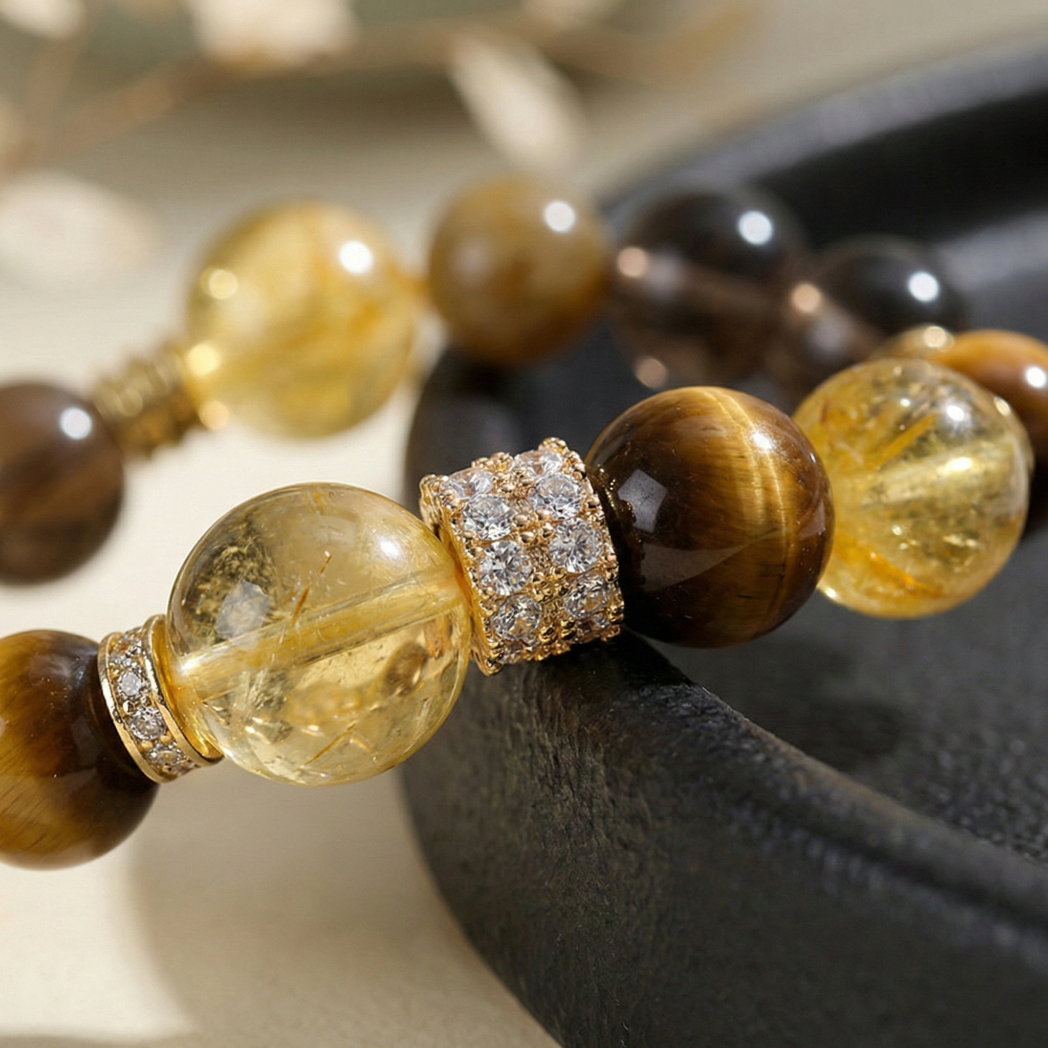Yellow Tower Crystal Smoky Quartz Tiger Eye Luck Protection Purpose Beaded Bracelet