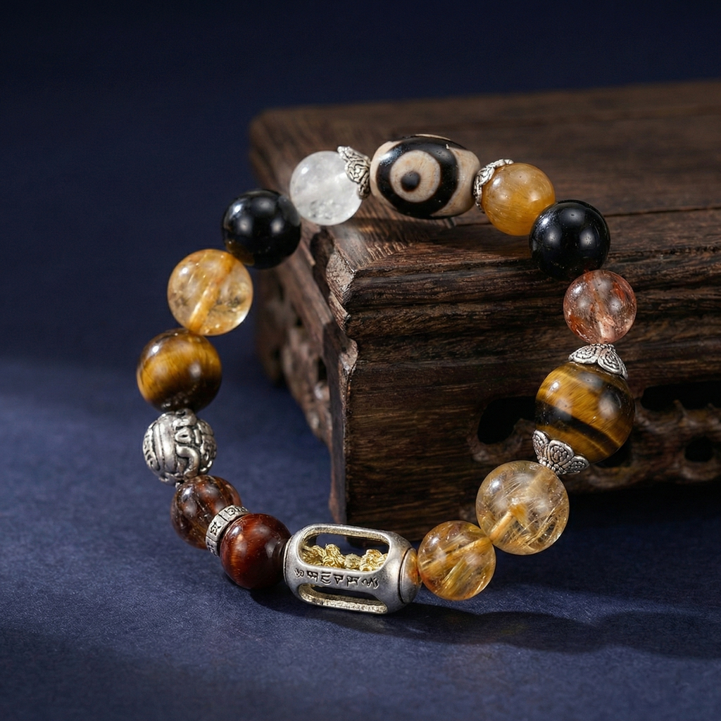 Tiger’s Eye + Golden Rutilated Quartz — Protection & Wealth Dzi Pixiu Vajra Bracelet