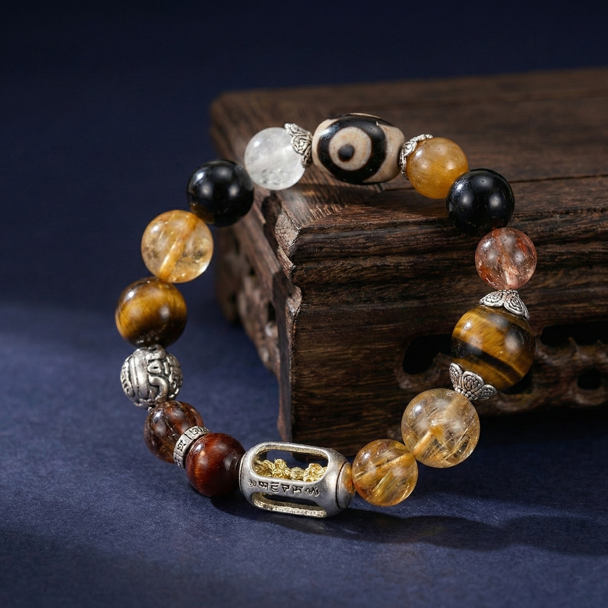 Tiger’s Eye + Golden Rutilated Quartz — Protection & Wealth Dzi Pixiu Vajra Bracelet