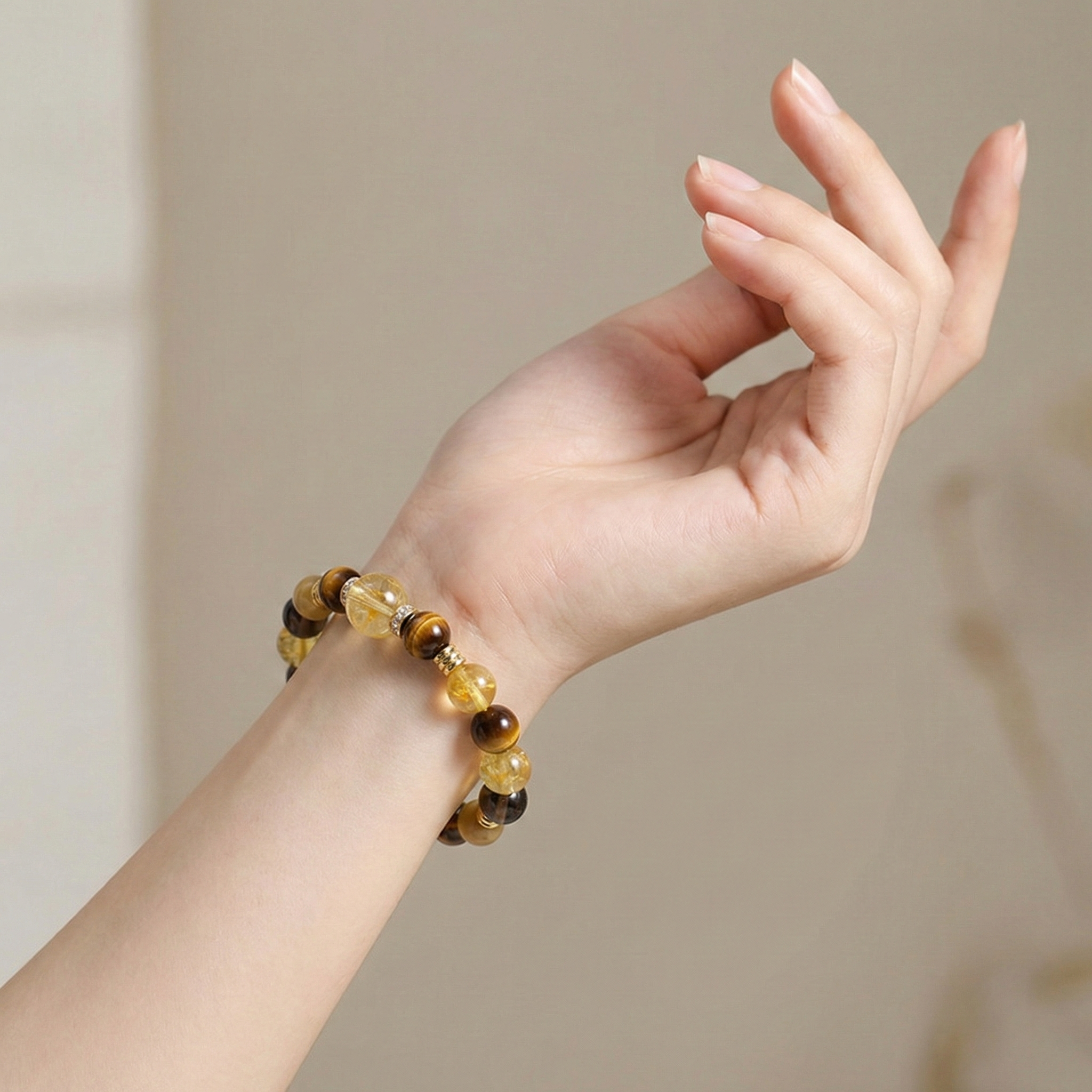 Yellow Tower Crystal Smoky Quartz Tiger Eye Luck Protection Purpose Beaded Bracelet