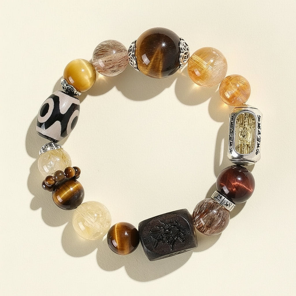 Tiger Eye & Black Gold Super Seven with Three-Eyed Dzi Golden Wealth Beast Bracelet