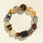 Tiger Eye & Black Gold Super Seven with Three-Eyed Dzi Golden Wealth Beast Bracelet