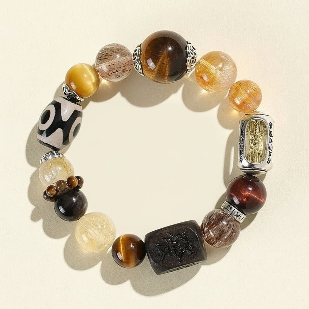 Tiger Eye & Black Gold Super Seven with Three-Eyed Dzi Golden Wealth Beast Bracelet